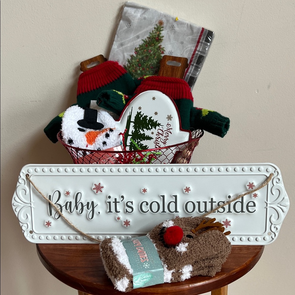 Festive Holiday Gift Basket with Sign baby it’s cold outside